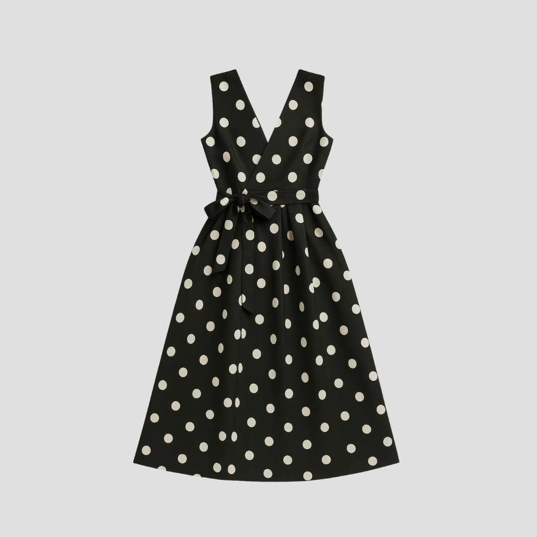 Anna-Berg | Midi Dress - Polka Dot, Wrap Front, Tie Waist, Sleeveless