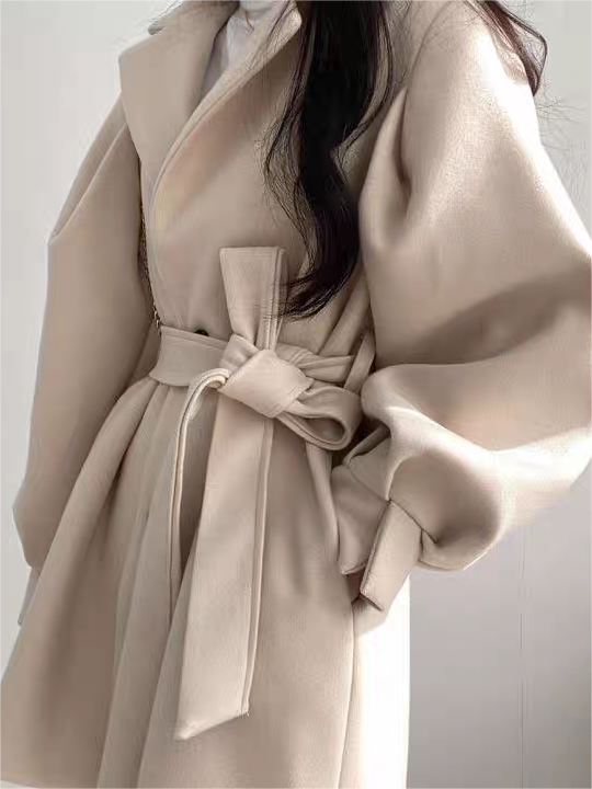 Anna-Berg | Puff Sleeve Belted Coat - Lapel Collar, Short Length