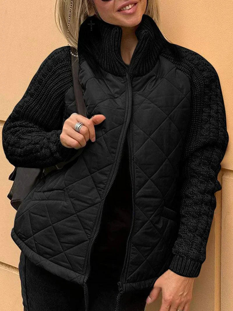 Anna-Berg | Quilted Jacket - Textured Sleeves, Funnel Neck, Zip Front