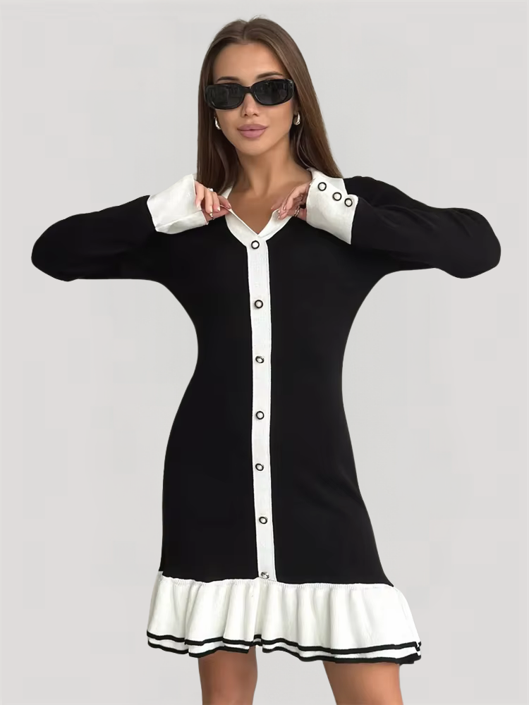Anna-Berg | Mini Knit Dress, Contrast Trim, Collared, Button-Front
