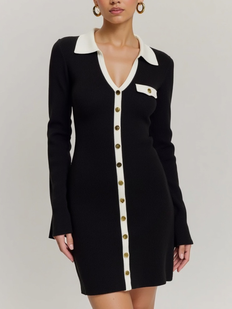Anna-Berg | Mini Knit Dress, Contrast Trim, Collared, Button-Front
