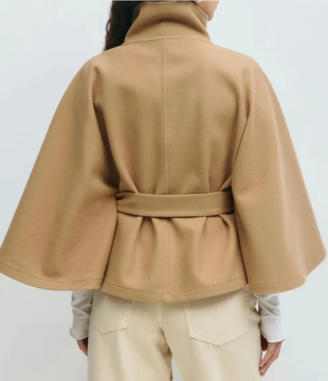 Anna-Berg | Short Cape Coat - Funnel Neck, Belted Waist, Cape Sleeves
