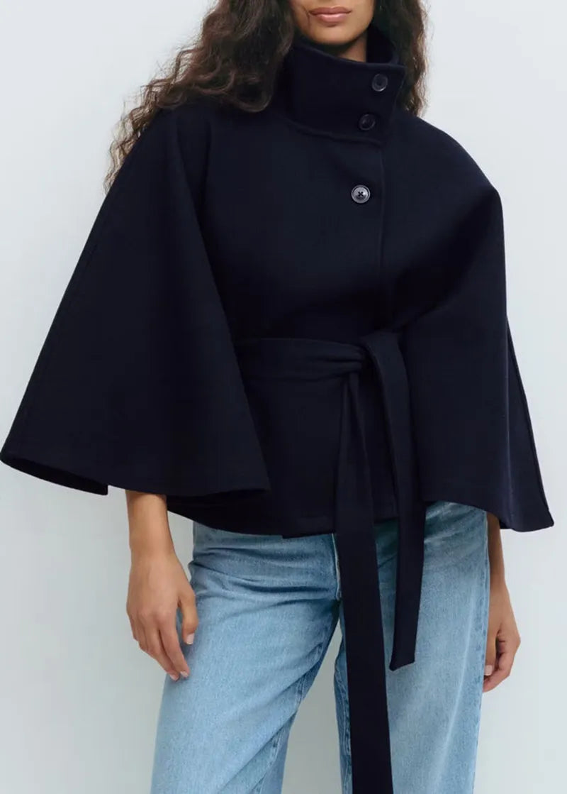 Anna-Berg | Short Cape Coat - Funnel Neck, Belted Waist, Cape Sleeves