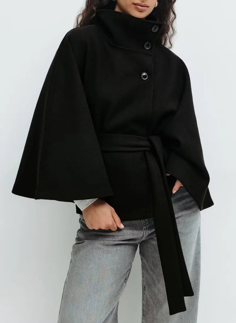 Anna-Berg | Short Cape Coat - Funnel Neck, Belted Waist, Cape Sleeves