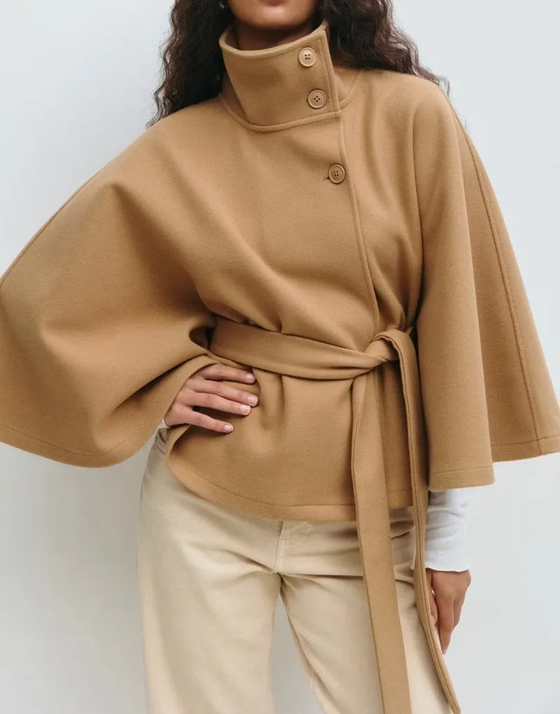 Anna-Berg | Short Cape Coat - Funnel Neck, Belted Waist, Cape Sleeves