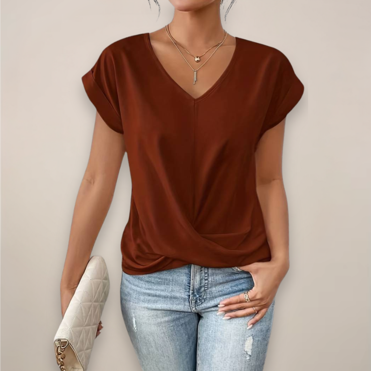 Anna-Berg | Short Sleeve Twist Front Top – V-Neck