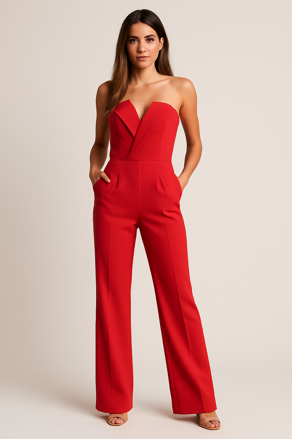 Anna-Berg | Sleeveless One-Piece Jumpsuit, V-Neck, Wide-leg Trousers