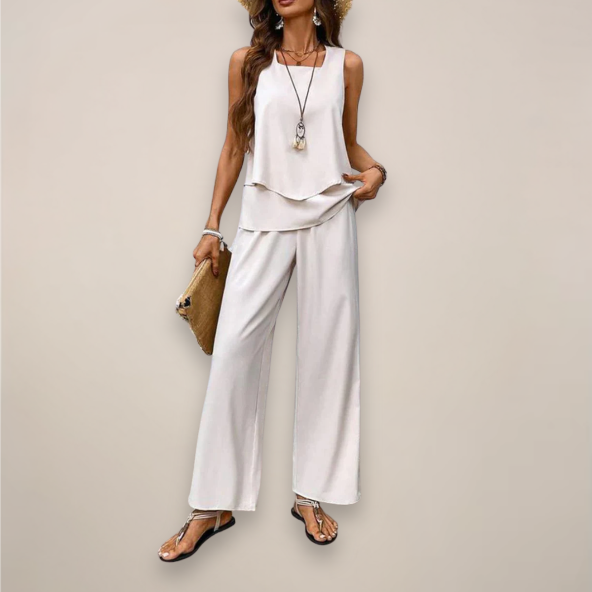 Anna-Berg | Two-Piece Set - Sleeveless Top with Straight-Leg Trousers