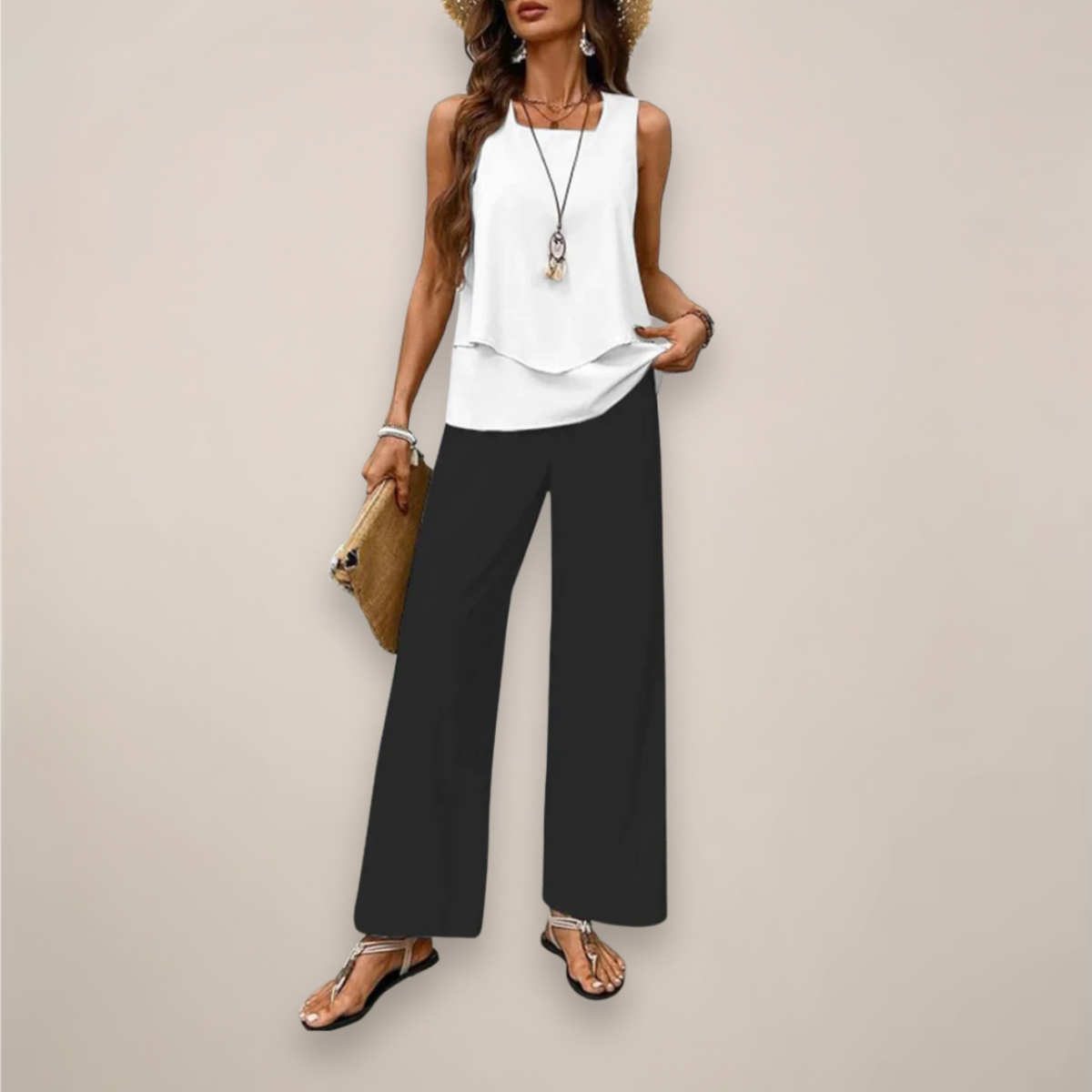 Anna-Berg | Two-Piece Set - Sleeveless Top with Straight-Leg Trousers