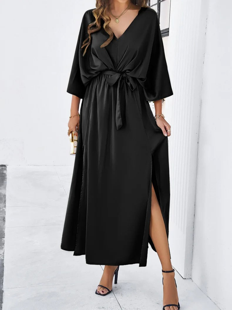 Anna-Berg | Maxi Dress - V-Neck, Tie-Waist, Kimono Sleeve, High Slit
