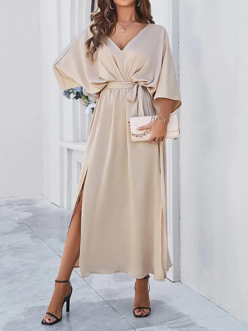 Anna-Berg | Maxi Dress - V-Neck, Tie-Waist, Kimono Sleeve, High Slit