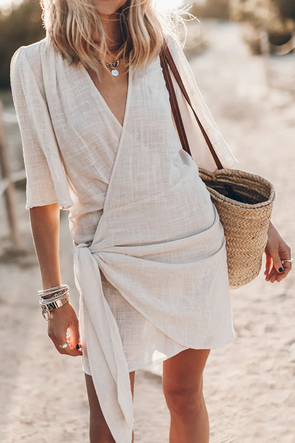 Anna-Berg | Wrap Linen Mini Dress - Asymmetrical Hem, Adjustable Fit