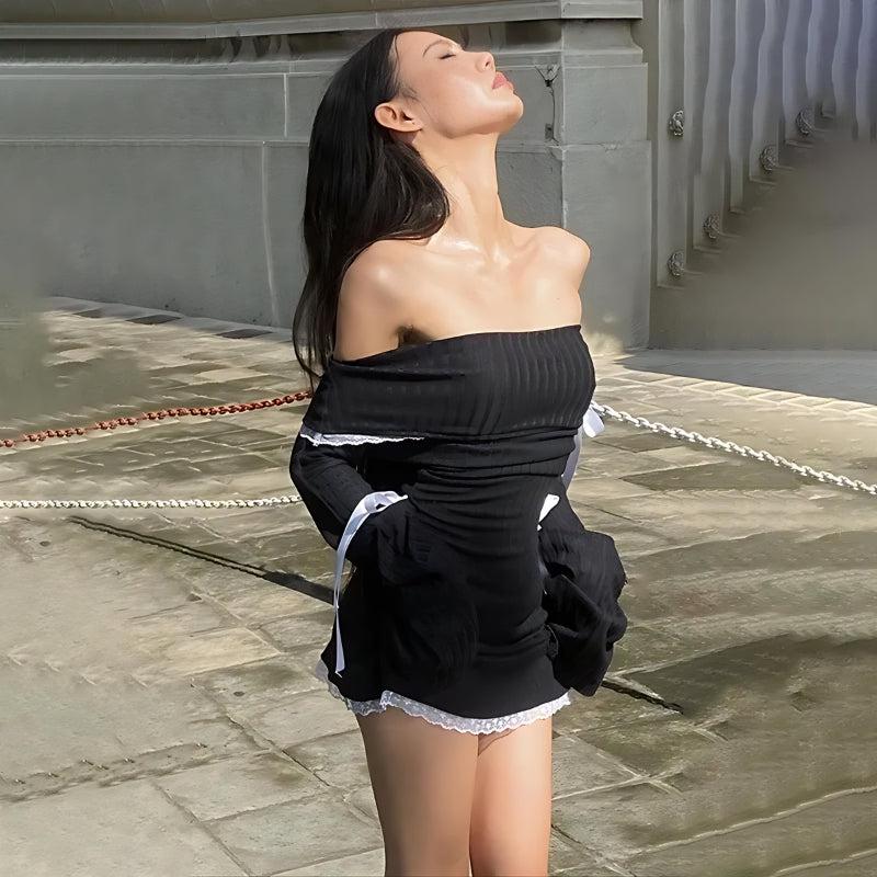 Anna-Berg | Y2K Corduroy Off Shoulder Bow Dress
