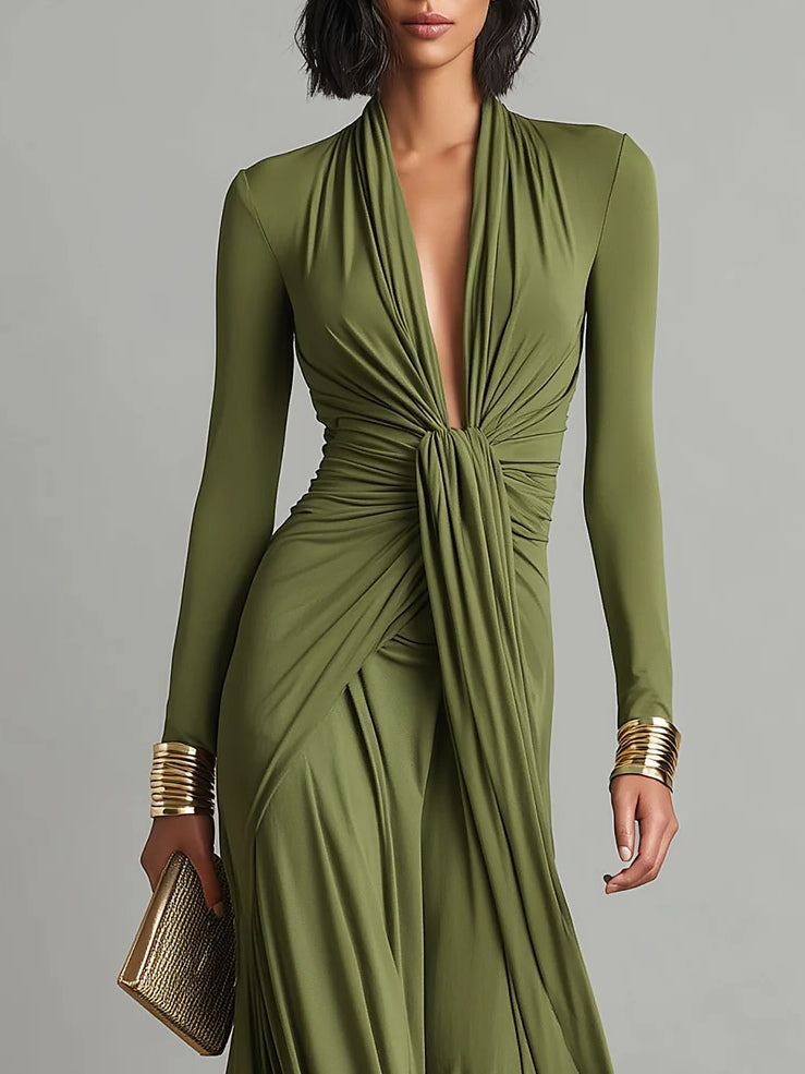 Anna-Berg | Elegant Glamorous Maxi Dress With A Deep V-neckline And Pleating
