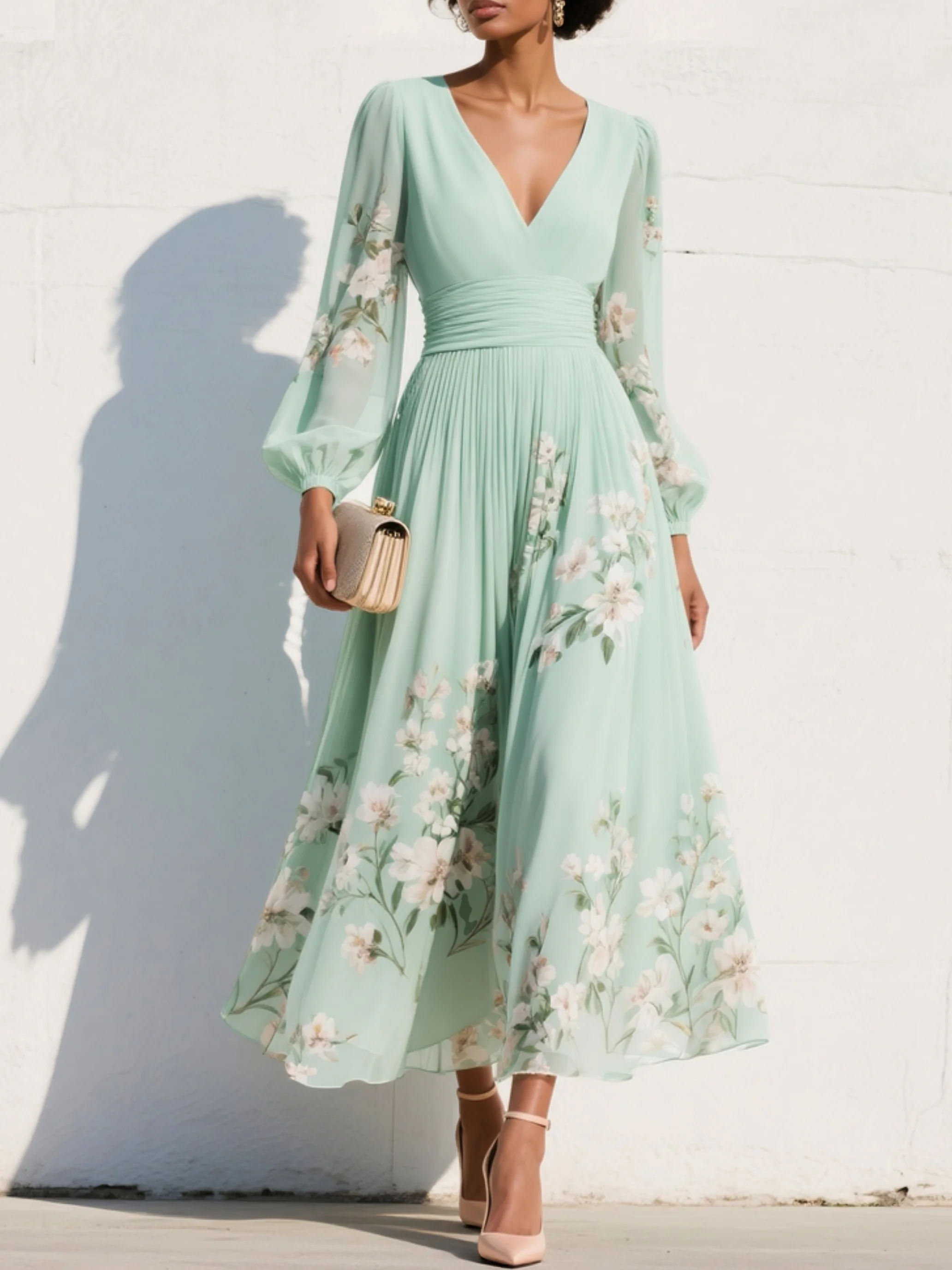 Anna-Berg | Timeless Light Green V-Neck Chiffon Pleated Floral Midi Dress