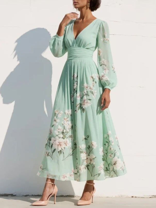 Anna-Berg | Timeless Light Green V-Neck Chiffon Pleated Floral Midi Dress