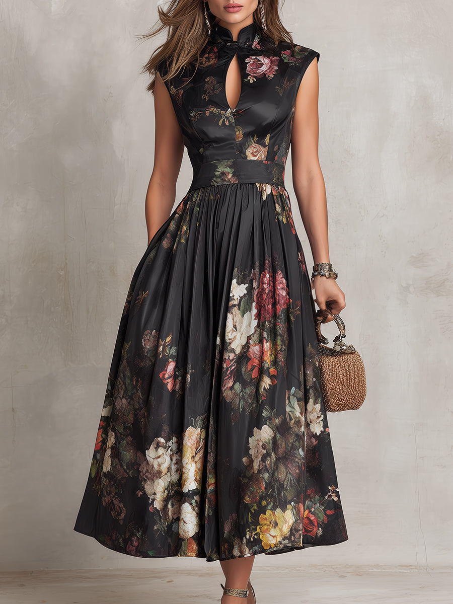 Anna-Berg | Chic Black Floral Satin Midi Dress for a Polished Look