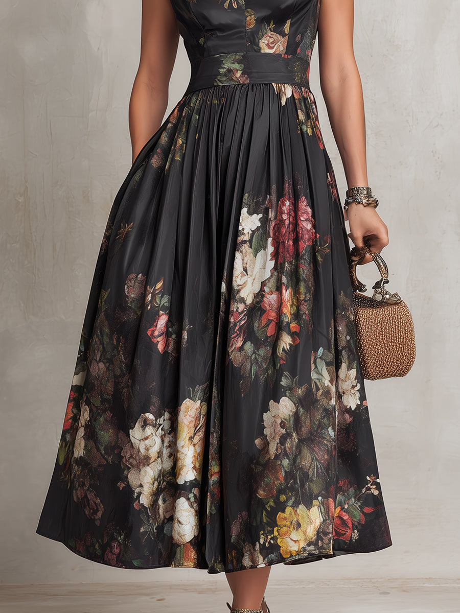 Anna-Berg | Feminine Violetta - Black Midi Dress In Pleated Satin With Floral Pattern And Keyhole Neckline