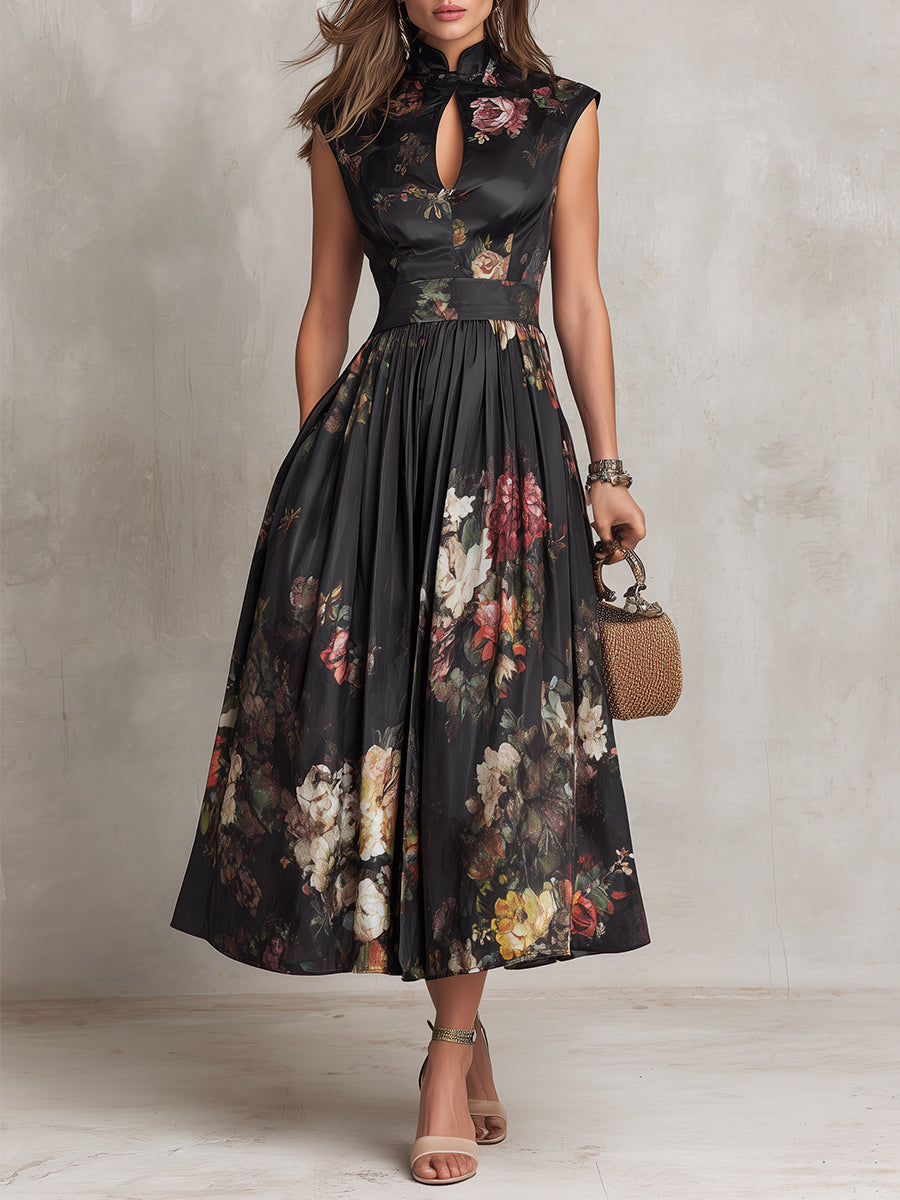 Anna-Berg | Chic Black Floral Satin Midi Dress for a Polished Look