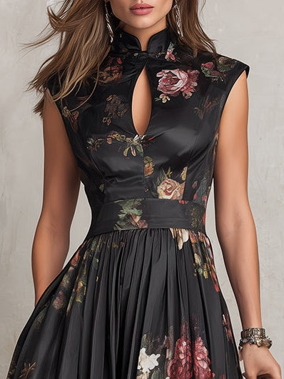 Anna-Berg | Feminine Violetta - Black Midi Dress In Pleated Satin With Floral Pattern And Keyhole Neckline