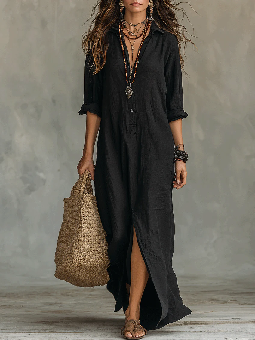 Anna-Berg | Sculpted Long Black Dress With Buttons