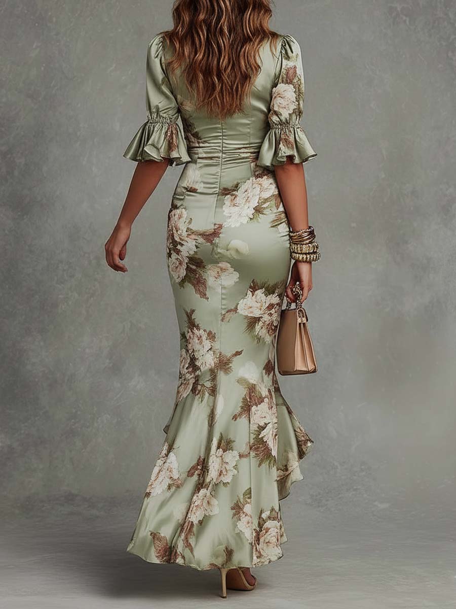 Anna-Berg | Modern Anna - Asymmetrical Long Dress In Green Satin With V-neck, Flared Puff Sleeves, And Floral Pattern