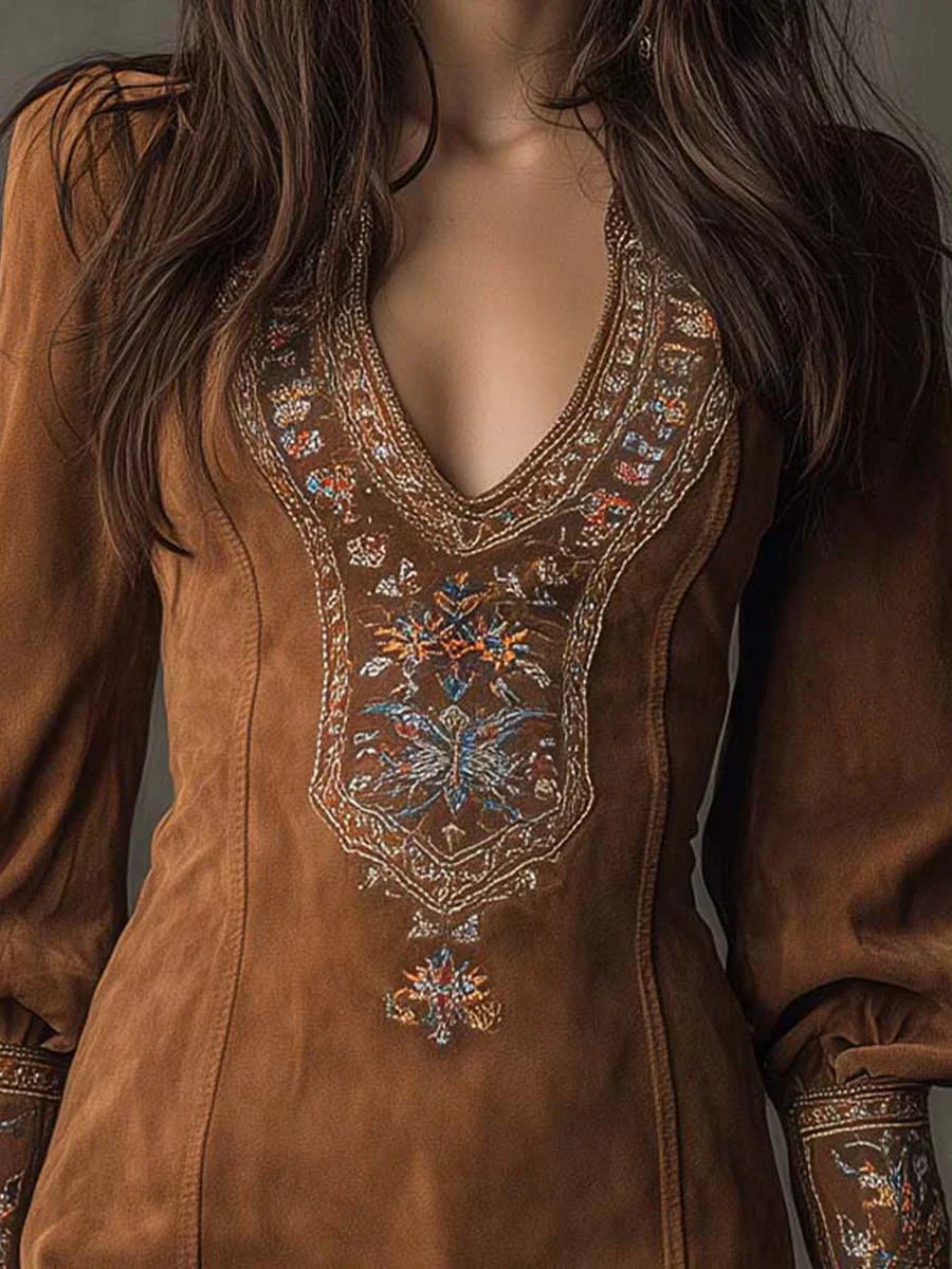Anna-Berg | Timeless Embroidered Mini Dress With Deep V-Neck