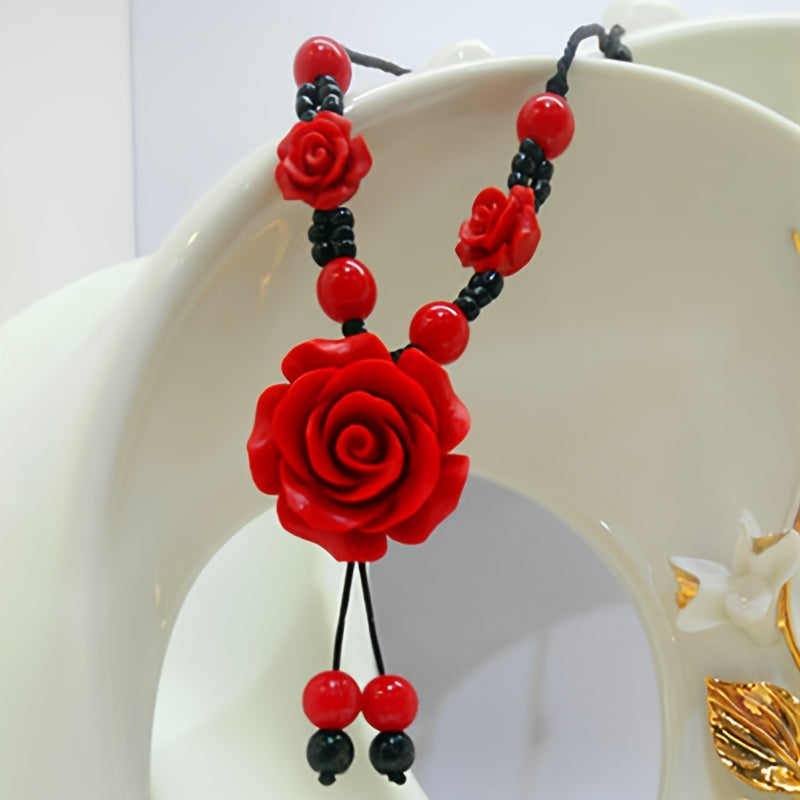 Vintage Elegant Resin Rose Flower Pendant Necklace