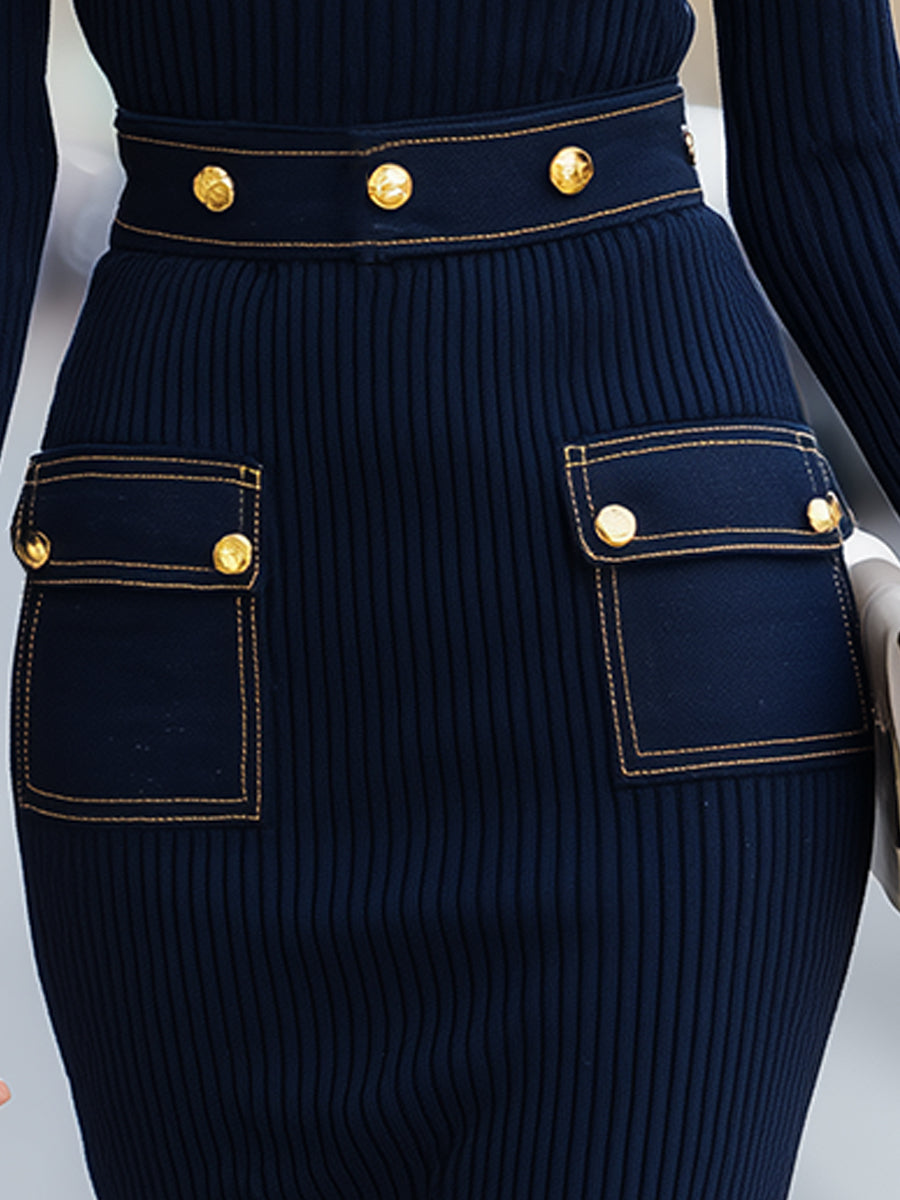Anna-Berg | Navy Ribbed Knit Dress With Gold-Tone Button Denim Pocket Details