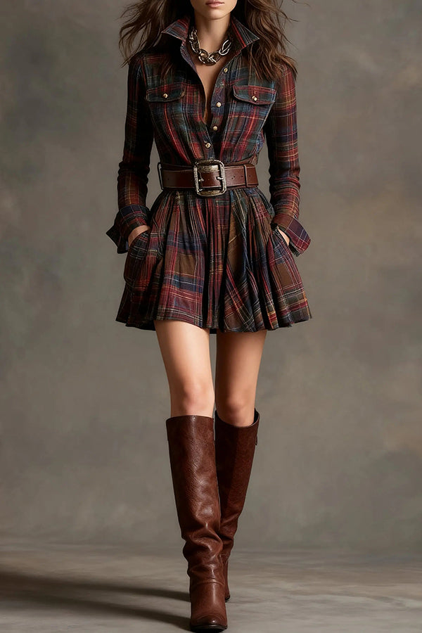 Anna-Berg | Plaid Print Lapel Long Sleeve Dress