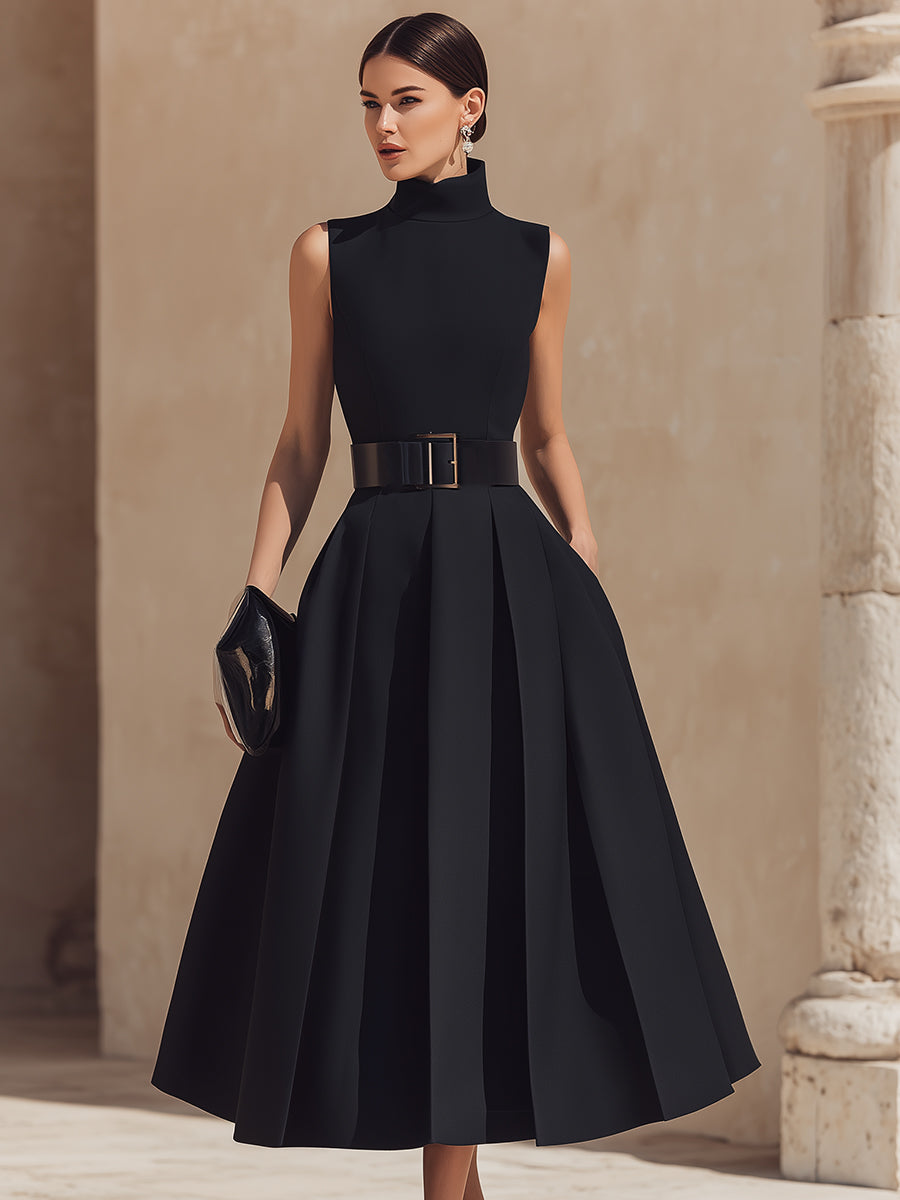 Anna-Berg | Belted High-Neck Pleated Sleeveless Dress