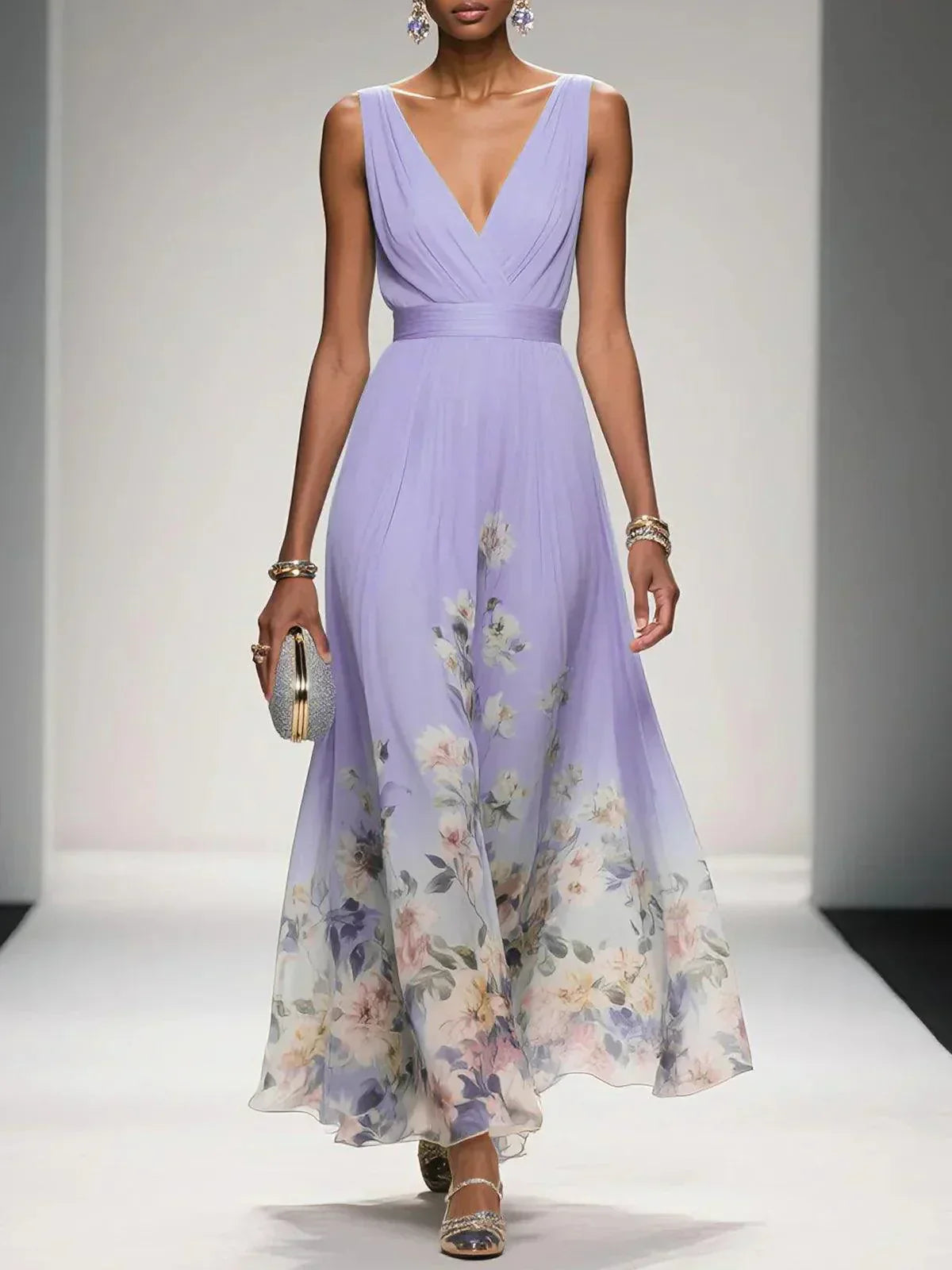Anna-Berg | Feminine Light Blue Floral V-Neck Maxi Dress