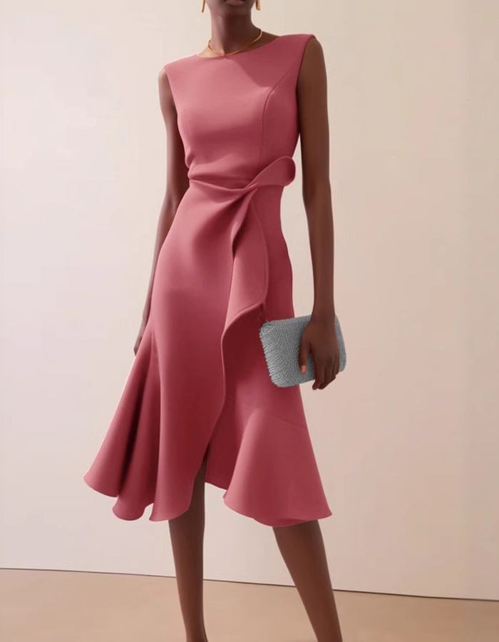 Anna-Berg | Pink Round Neck Ruffle Bow Dress