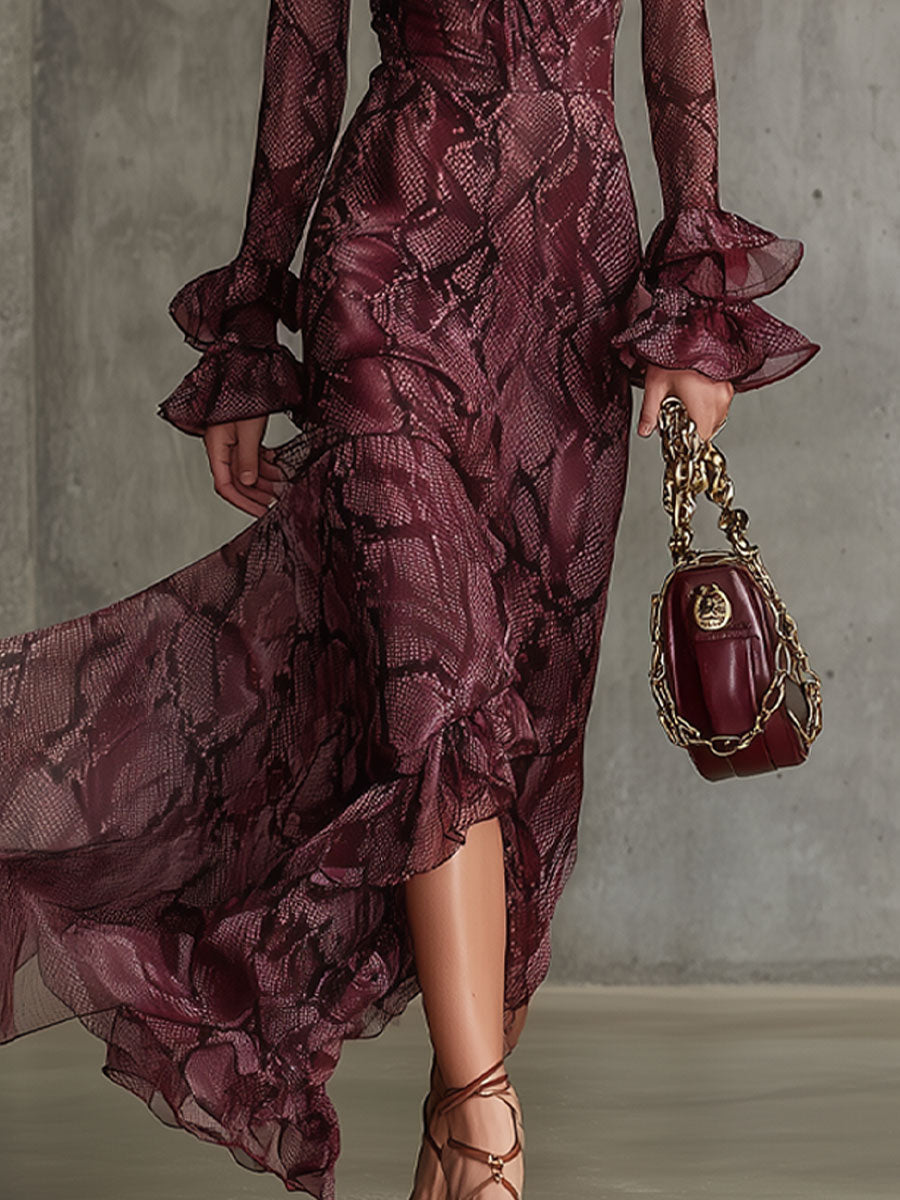 Anna-Berg | Burgundy Chiffon Ruffle Evening Dress
