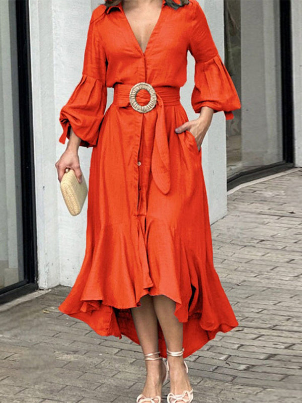 Anna-Berg | High-Low Puff Sleeves Pleated Solid Dress