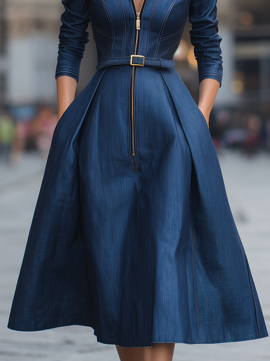 Anna-Berg | Elegant Zippered Belted Denim Midi Dress