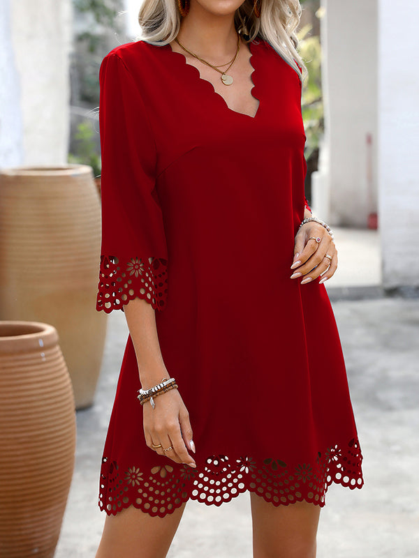 Anna-Berg | A-Line Loose Hollow Solid Color Dress