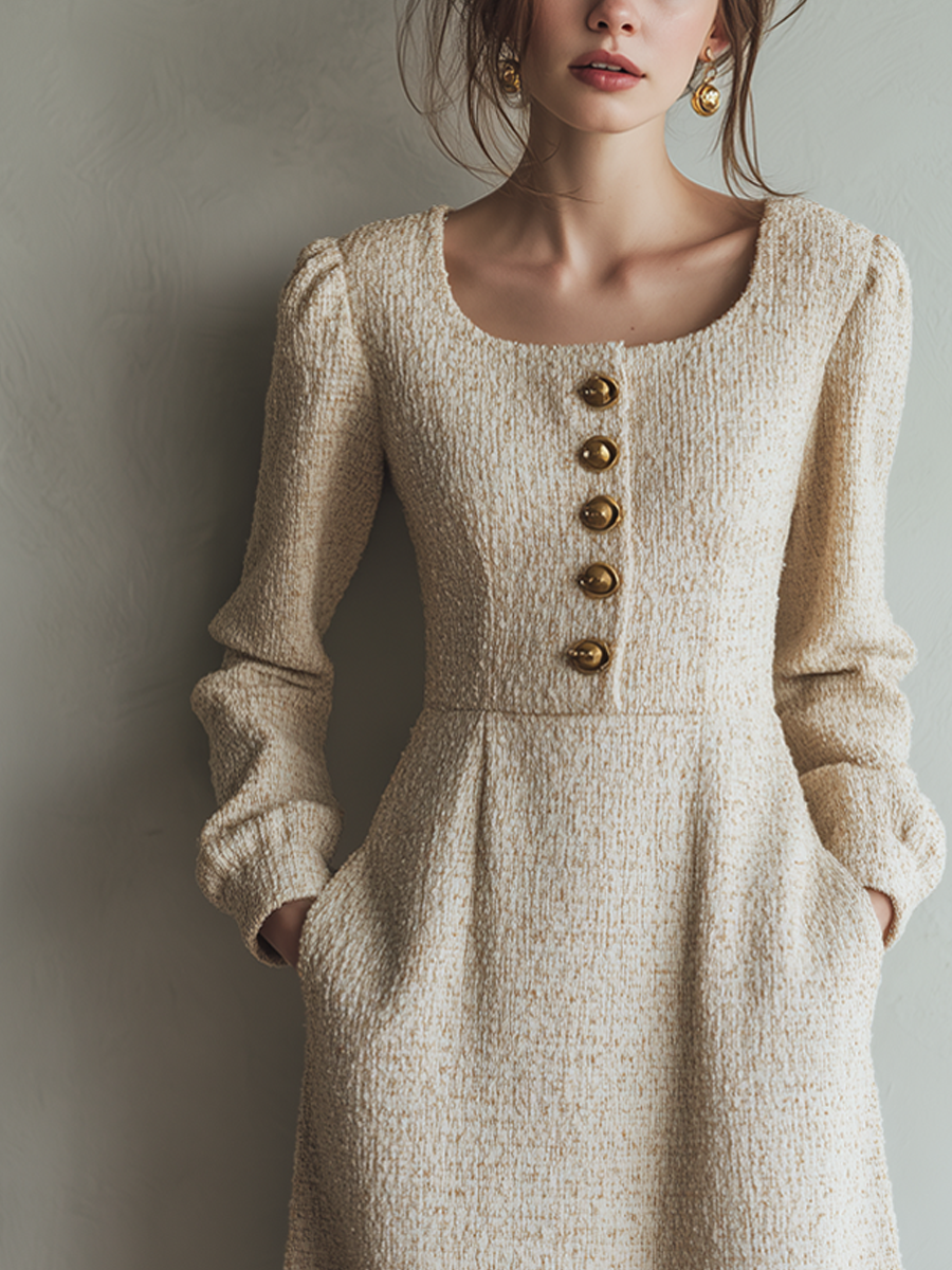 Anna-Berg | Vintage Tweed Button Long Sleeve Dress