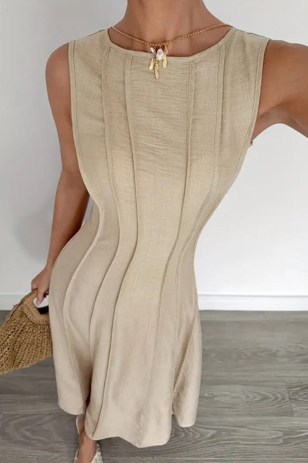 Anna-Berg | Solid Color Round Neck Sleeveless Dress