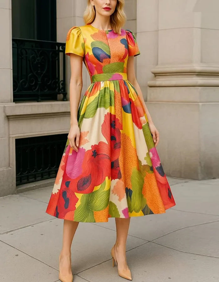 Anna-Berg | Red Satin A-Line Pleated Puff Dress