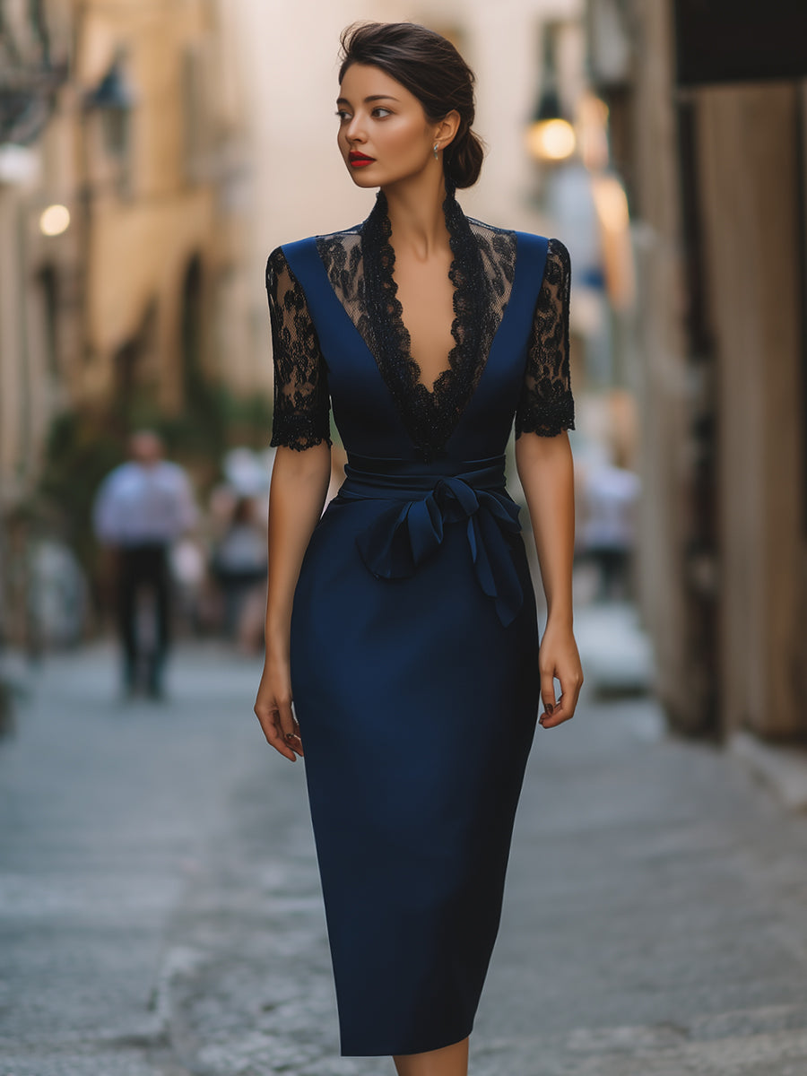 Anna-Berg | Elegant Lace-Trim V-Neck Belted Midi Dress