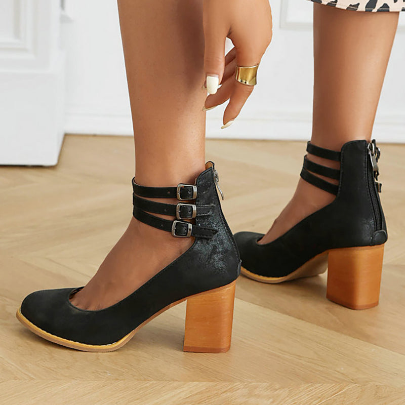Anna-Berg | Flowing Smooth Sandals With Ankle Strap And Thick Heel