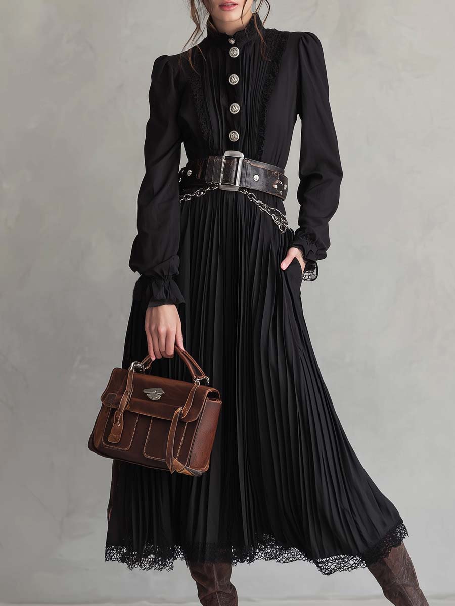 Anna-Berg | Vintage Button Lace Hem Pleated Dress