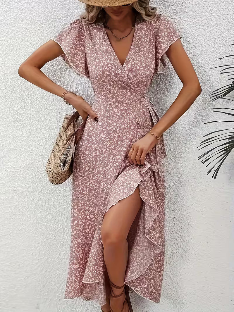 Anna-Berg | Timeless Floral Wrap Midi Dress With Ruffle Sleeves And Asymmetric Hem