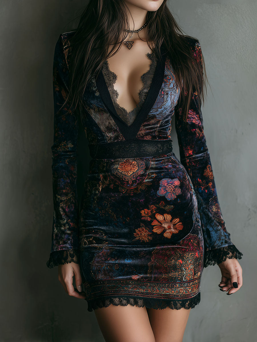 Anna-Berg | Boho Floral Print V-Neck Velvet Dress
