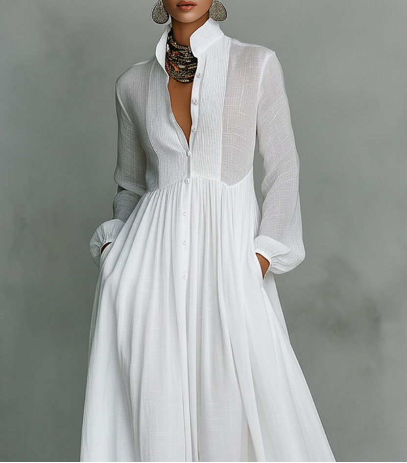 Anna-Berg | Stand Collar Button Long Sleeve Dress