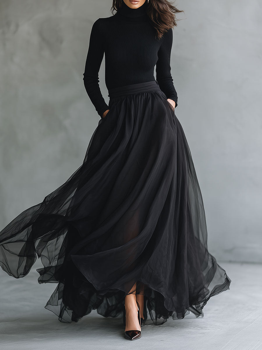 Anna-Berg | Elegant Black Tulle Flowing Patchwork Dress