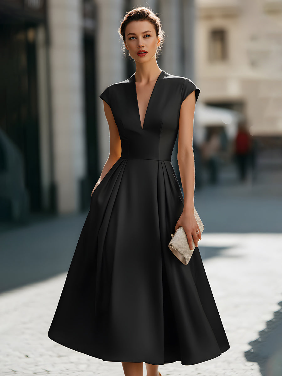 Anna-Berg | Cap-Sleeve Deep V-Neck Pleated Dress