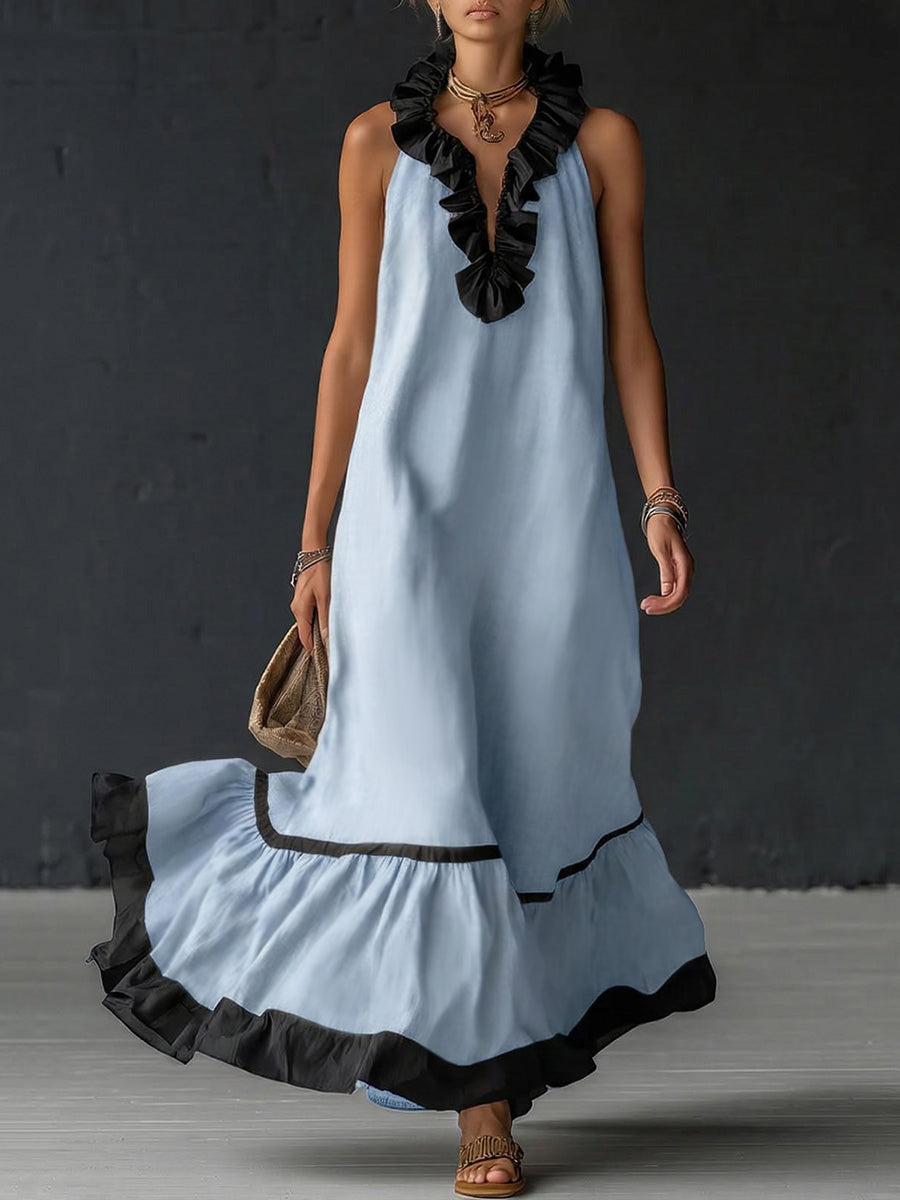 Anna-Berg | A-Line Loose Contrast Color Pleated Dress