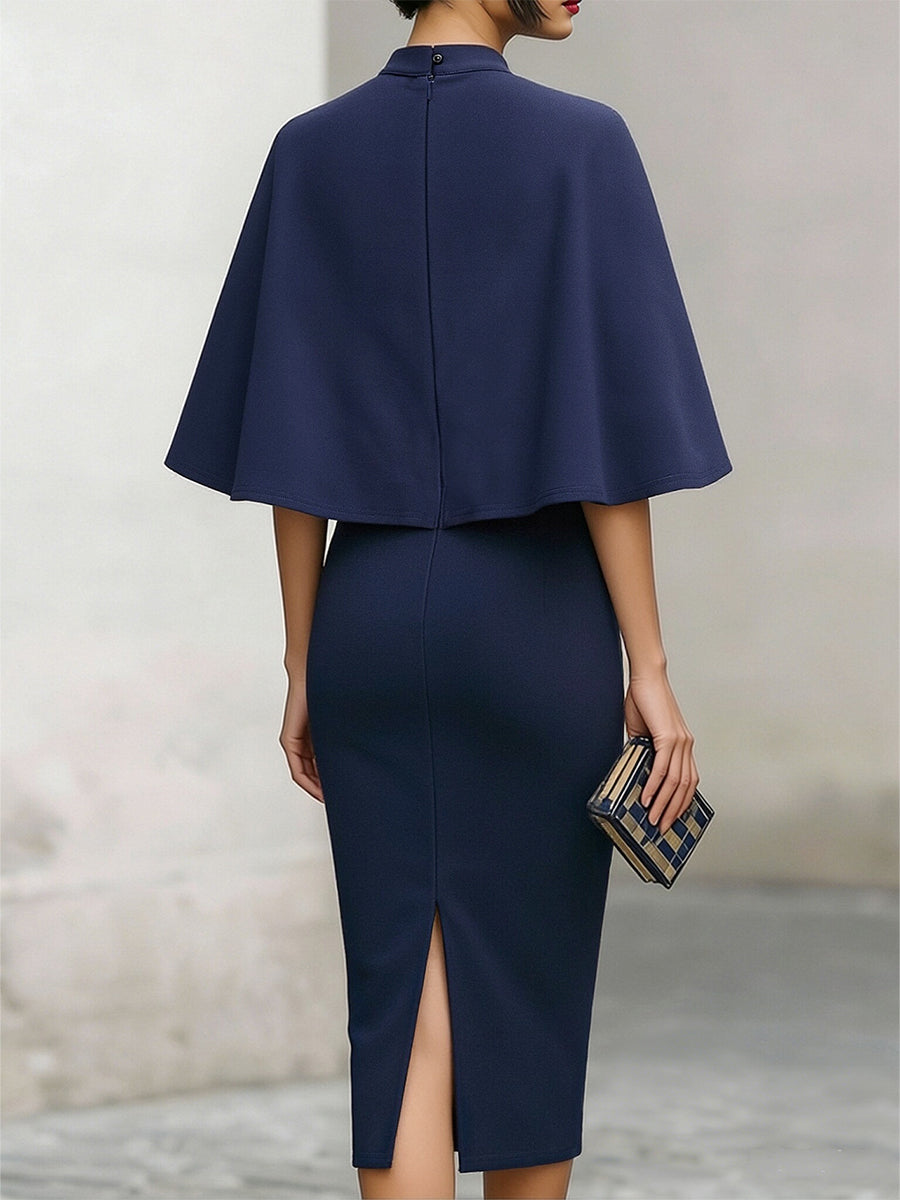 Anna-Berg | Elegant Navy Cape-Sleeve Midi Dress